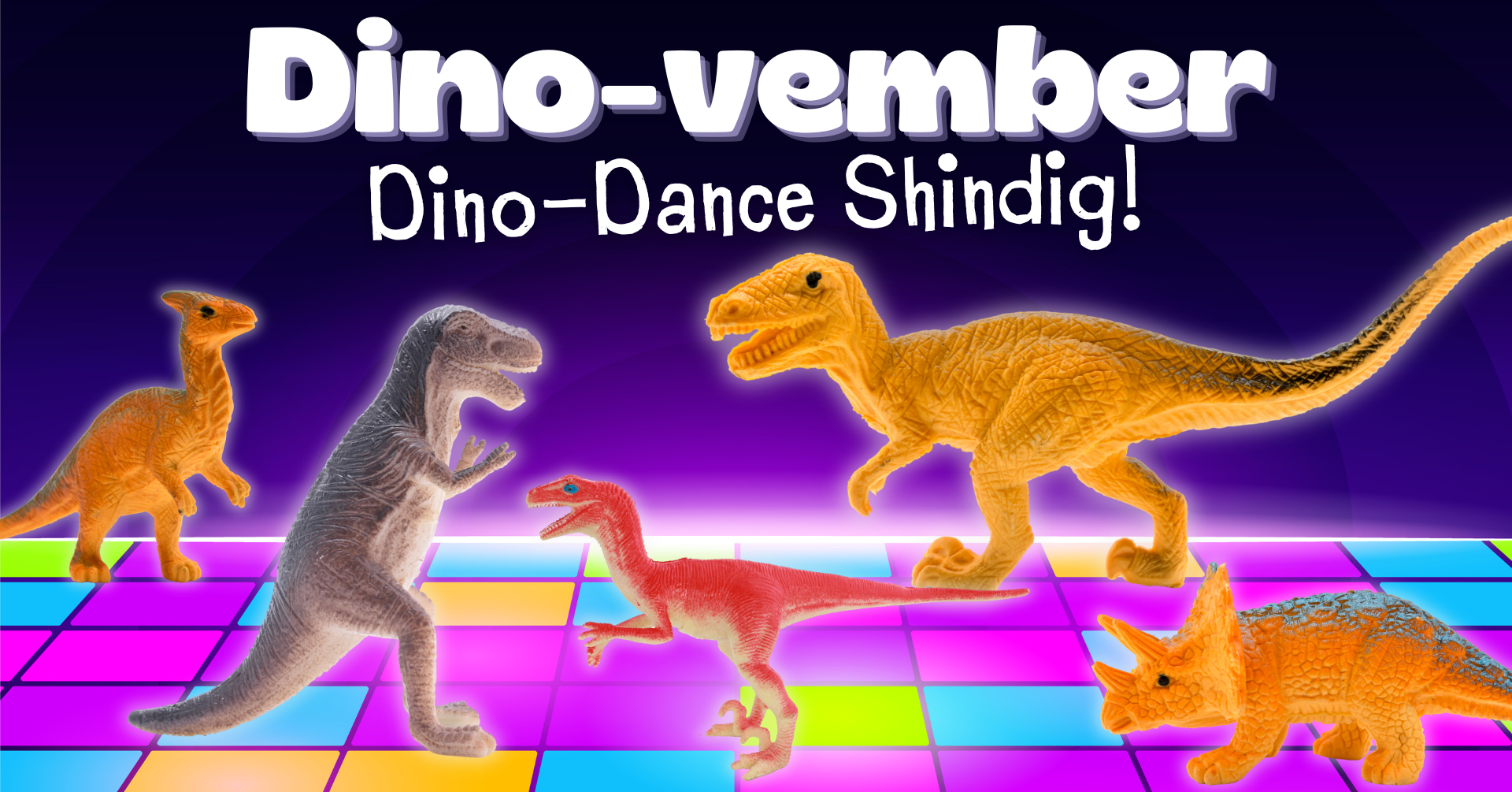 several dinosaur toys dancing on a disco background