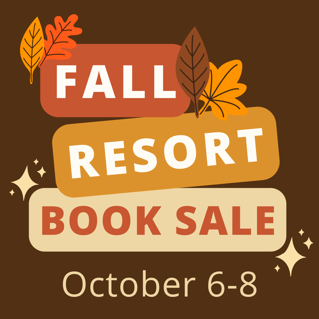 Brown background sporting the words Fall Resort Book Sale surrounded by leaf graphics
