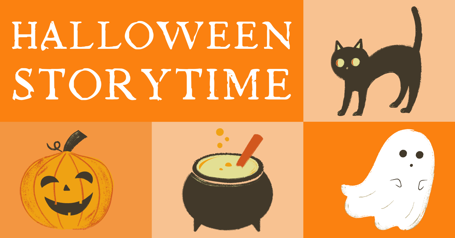 Orange block background with cat, pumpkin, cauldron and ghost graphics surrounding words Halloween Storytime