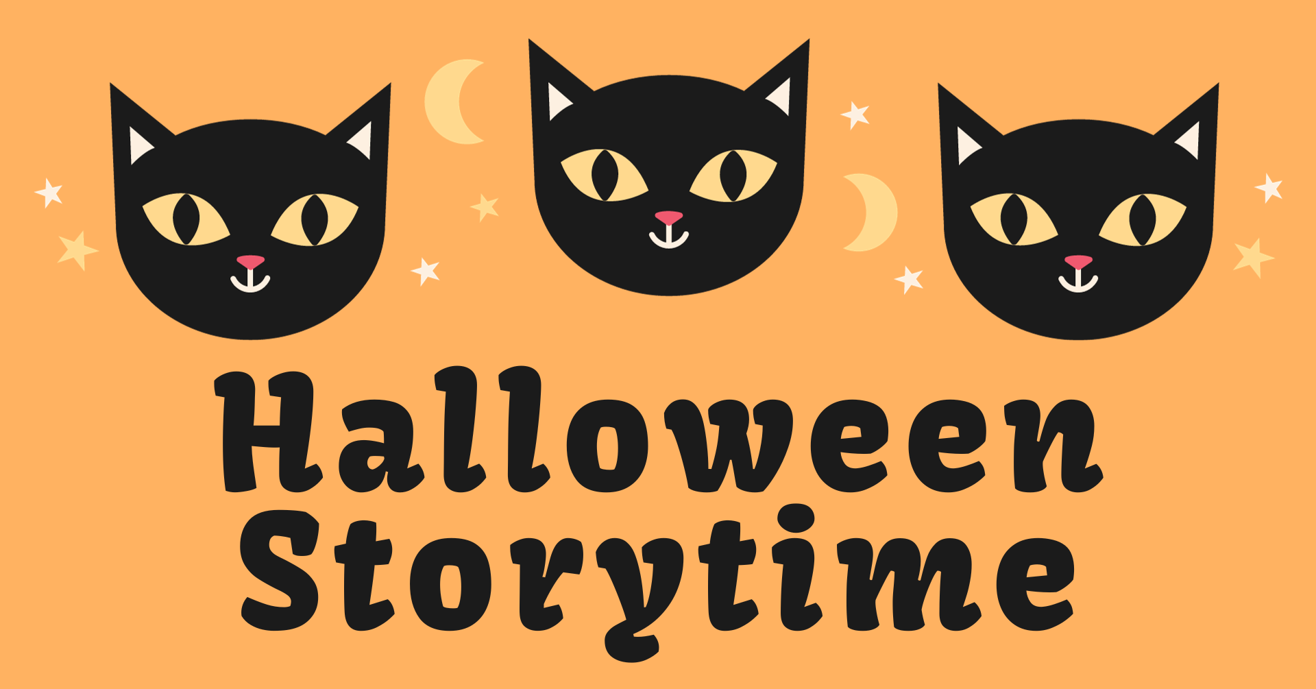 Orange background with three cat graphics above the words Halloween Storytime