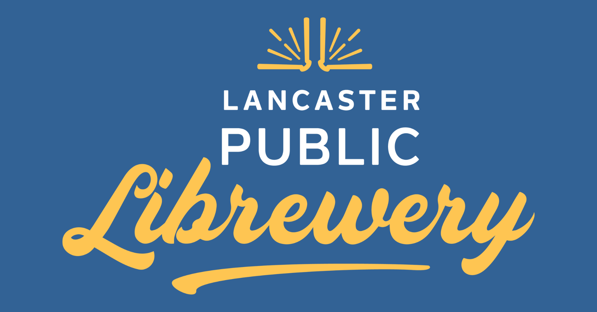 Blue background with the words Lacaster Public Librewery in yellow font