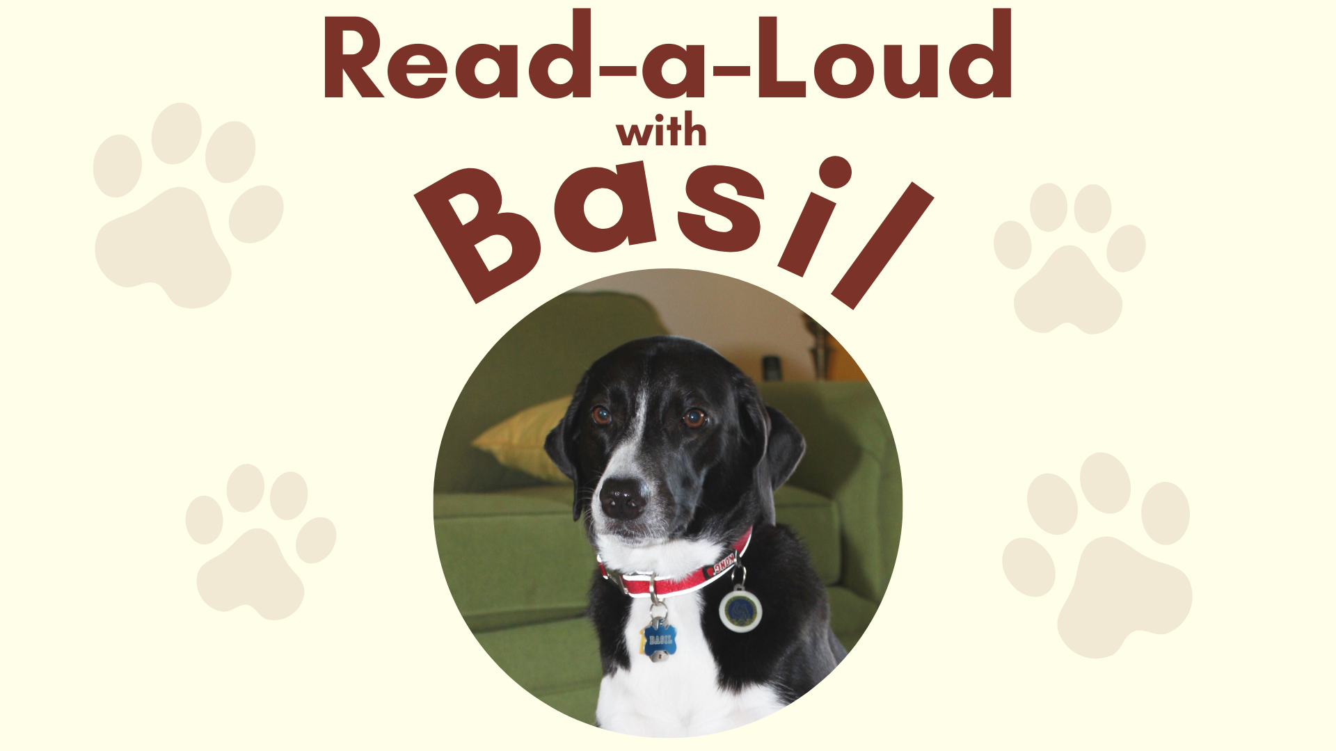 Photo of Basil, a black and white dog under the words Read-a-Loud with Basil