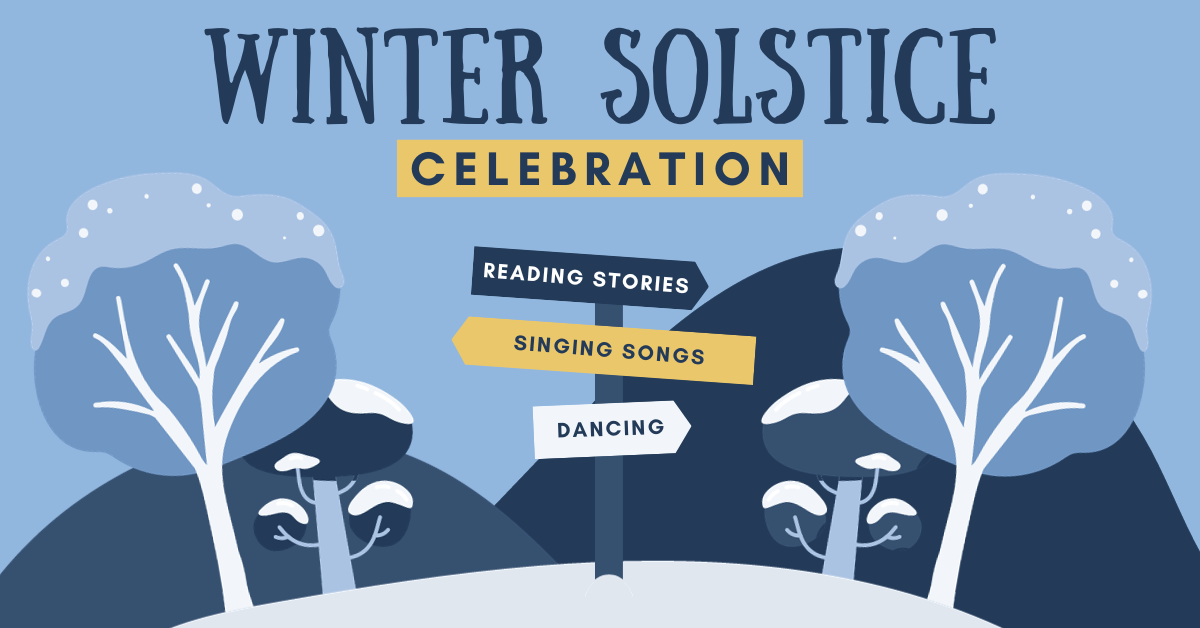 A crossroads in winter with Winter Solstice Celebration at the top