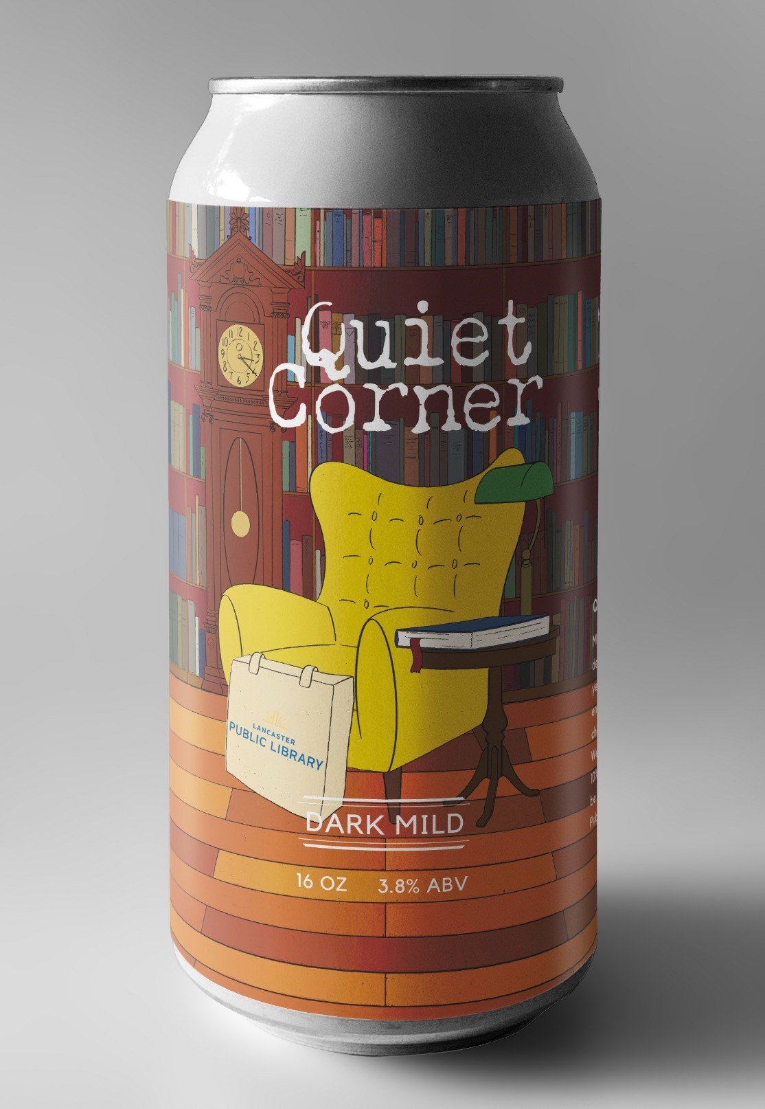 Can of beer decorated with bookshelves and a comfy yellow reading chair