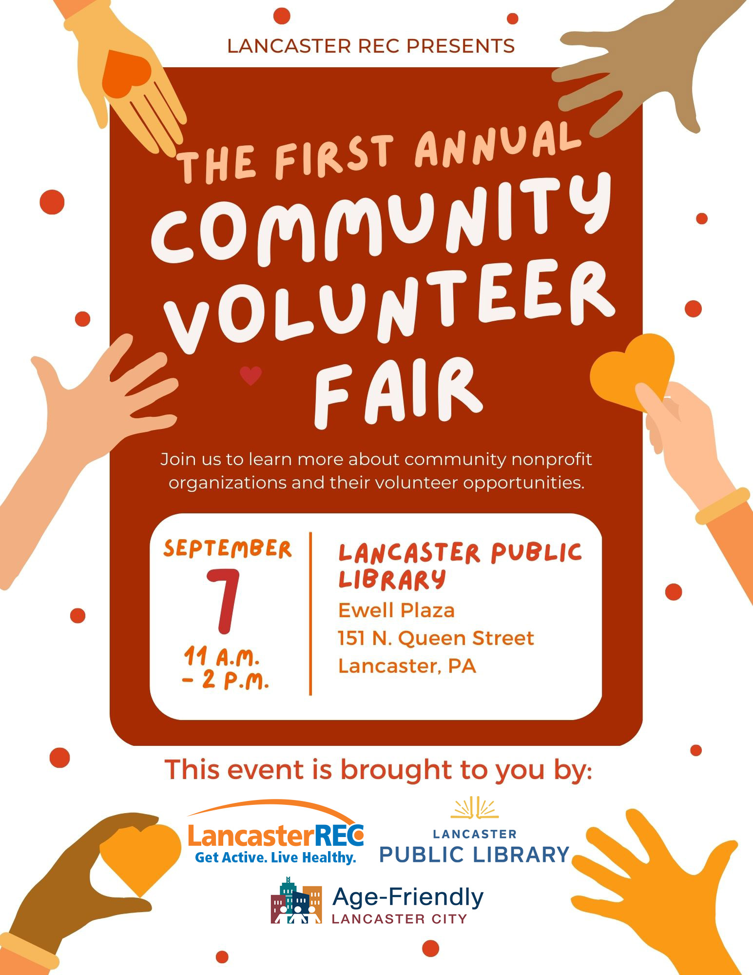 Six outstretched hands reaching towards the words Community Volunteer Fair