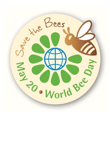 World Bee Day Logo with a graphic of the world as the center of a green flower with a bee hoovering nearby and the text surrounding it in a circle.