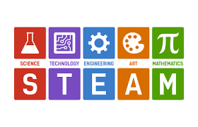 STEAM spelled out in colorful blocks with science symbols above each letter.