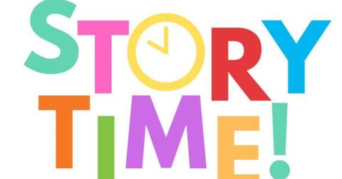 Colorful letters spelling "Story Time" with a clock for the "o".