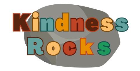 "Kindness Rocks" spelled out in colorful letters over a gray rock.