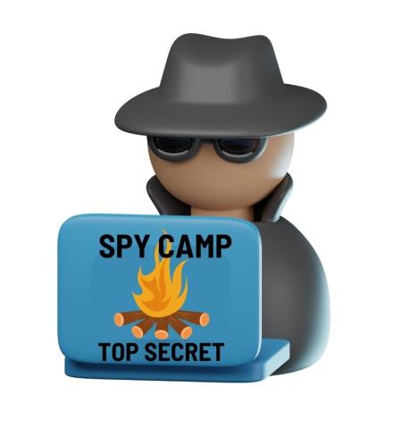 Illustration of secret agent holding a "Spy Camp-Top Secret" briefcase.