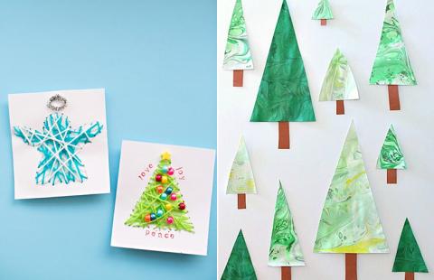 Homemade holiday cards with trees and an angel.