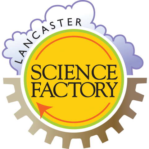 Lancaster science Factory image is a yellow circle with gears at the bottom.