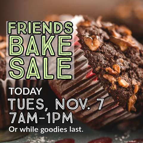 chocolate cupcake in background of ad for bake sale