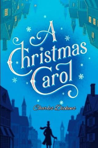 Cover of A Christmas Carol by Charles Dickens is blue with white lettering, featuring a small black figure on the cover. 