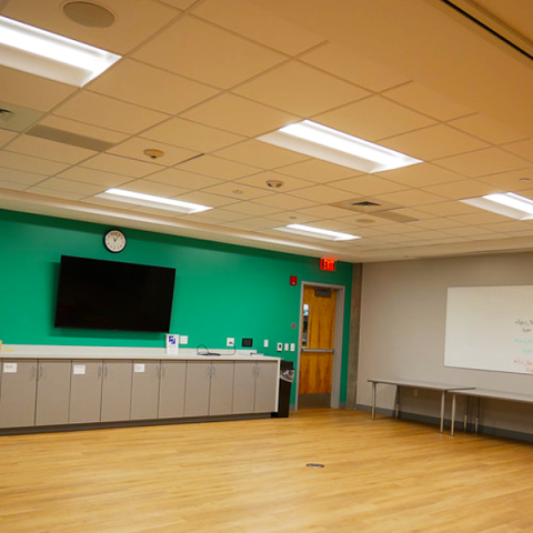 Program Room B with monitor and green wall