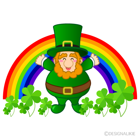 Cartoon leprechaun with rainbow.