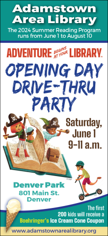 Opening Day Drive-Thru Party image of open book with event info