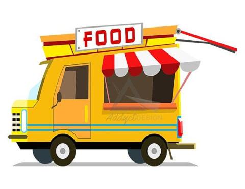 yellow food truck with red & white awning