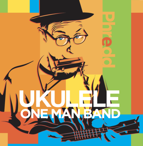 Image in multiple colors of man with harmonica and ukulele. 