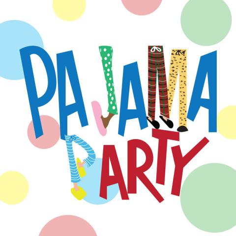 "Pajama Party" spelled with pajama pants on a background of dots.