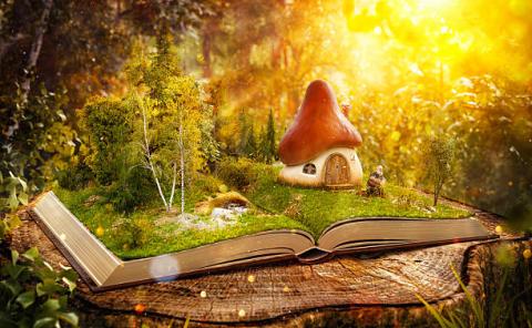 Open book in fairytale forest.