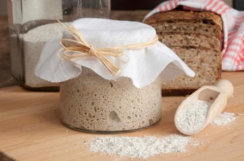 Sourdough starter, flour and bread