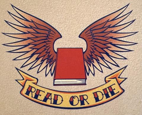 "Read or Die" banner under book with wings.