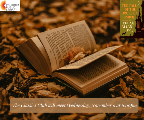 Classics Club flyer featuring a book and leaves in sepia coloring. 