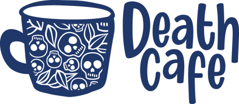 "Death Cafe" next to mug with skull design.