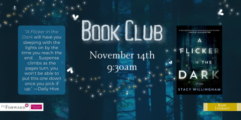 Book Club is meeting on November 14th at 9:30am to discuss the book A Flicker in the Dark by Stacy Willingham