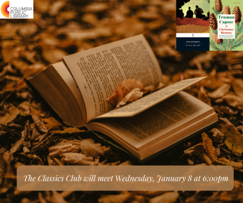 Classics Club flyer featuring a book and leaves in sepia coloring. 