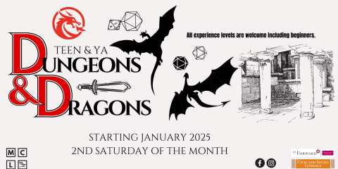 Dungeons and Dragons program for Teens and YA on 2nd Saturdays from 12-4 starting in January of 2025