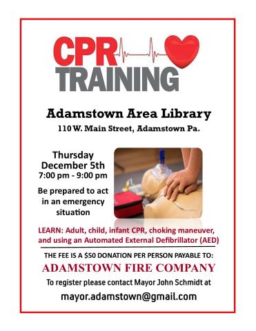 CPR Training to benefit Adamstown Fire Company