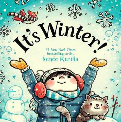 Cover of It's Winter features a child in a blue jacket with red earmuffs and blue striped scarf. Their hands are in the air. 