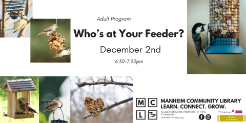 who's at your feeder program happening on December 2nd at 6:30pm calendar graphic image with birds at feeders.