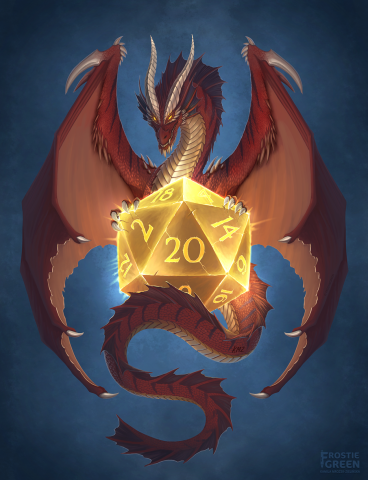 Graphic of brown dragon with golden die