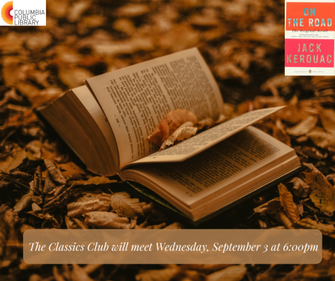 Classics Club book club flyer featuring a book and leaves in sepia colors