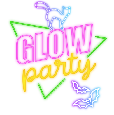 "Glow Party" in neon with bats & cat.