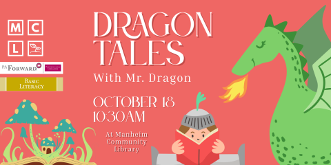 Dragon Tales with Mr. Dragon graphic with dragon breathing fire and details about program like October 18th at 10:30am.