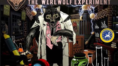 Picture of board game box for "The Werewolf Experiment." Depicts a werewolf in a lab coat