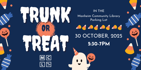 Trunk or Treat on October 30th! Join the employees of the library for this event. They will have their trunks decorated and have lots candy and prizes! Inside the library, you will also find refreshments, crafts, and regular library happenings!