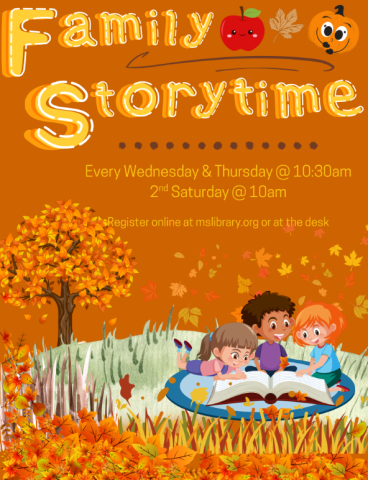 Poster for story time in colors of autumn with 3 children reading