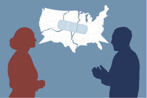 blue and red silhouette people with US map between them