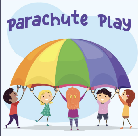 children holding parachute