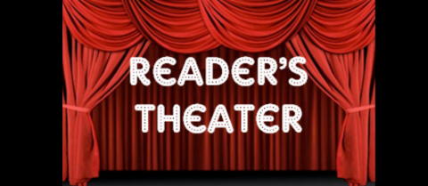 "Reader's Theater" over red stage curtains.