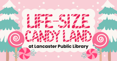 pink background with snow covered trees and peppermint candy