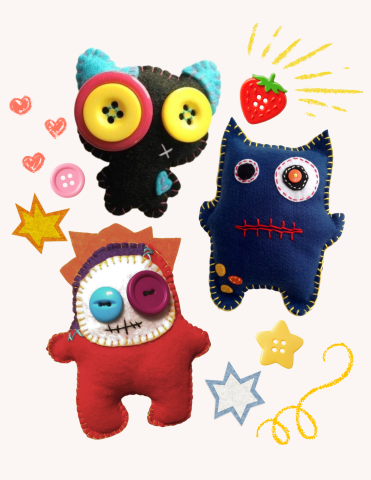 A collage of hand sewn stuffed animals made from felt and buttons