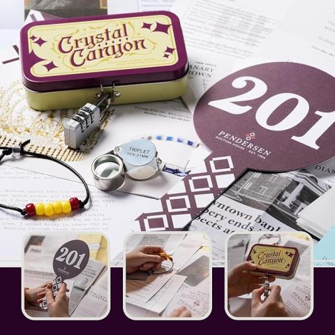 Gameplay from "Hunt a Killer: Homicide at the Heist", including a small lockbox, auction house card, and whistle.