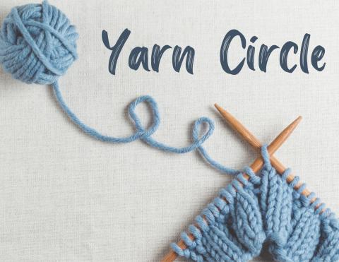 knitting needles with blue yard and the words Yarn Circle