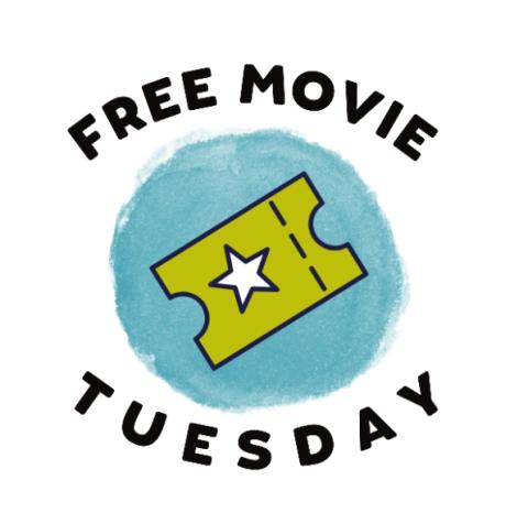 Text says Free Movie Tuesday and there is a green ticket in a blue circle